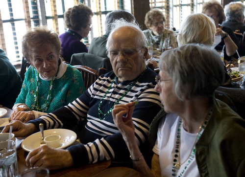 Kim Raff  |  The Salt Lake Tribune
Betty and Norman Hanneman talk with Twila Norton, right, during The Utah Sunday Singles Social Group event at Mimi's Cafe in Murray on March 17, 2013. The group, a social outlet for single people over 50, celebrates its 40th anniversary. The Hannemans met at a past event, married and now attend events as alumni members.