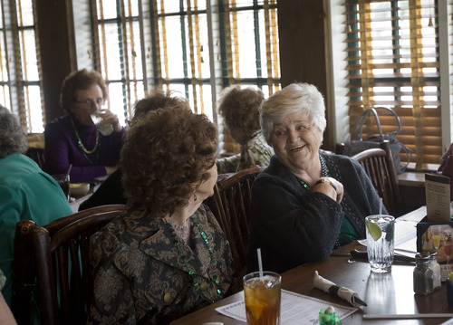 Kim Raff  |  The Salt Lake Tribune
Members of The Utah Sunday Singles Social Group, Lavol Prahl, left, talks with Arlene Caldwell during one of the group's gatherings at Mimi's Cafe in Murray on March 17, 2013.  The group, a social outlet for single people over 50, is celebrating its 40th anniversary.