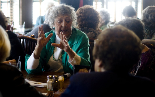 Kim Raff  |  The Salt Lake Tribune
The Utah Sunday Singles Social Group member Lorraine Madill socializes during one of the group's gatherings at Mimi's Cafe in Murray on March 17, 2013. The group, a social outlet for single people over 50, is celebrating its 40th anniversary.