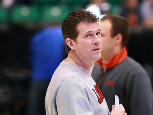 Scott Sommerdorf   |  The Salt Lake Tribune
New Mexico coach Steve Alford watches his New Mexico Lobos practice at Energy Solutions Arena, Wednesday, March 20, 2013.