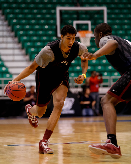 Trent Nelson  |  The Salt Lake Tribune
Harvard's Michael Hall (44) and Steve Moundou-Missi run a drill as Harvard practices the day before their second round matchup with New Mexico in the NCAA Men's Basketball tournament, Wednesday March 20, 2013 in Salt Lake City.