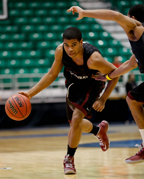 Trent Nelson  |  The Salt Lake Tribune
Harvard's Alex Nesbitt (2) and Siyani Chambers run a drill as Harvard practices the day before their second round matchup with New Mexico in the NCAA Men's Basketball tournament, Wednesday March 20, 2013 in Salt Lake City.