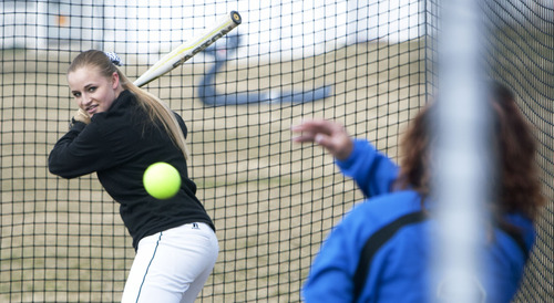 Steve Griffin  |  The Salt Lake Tribune
Stansbury softball player Katelyn Robinson, who hit .552 last season, takes batting practice in the batting cage at the Stansbury High School softball field in Stansbury, Utah.