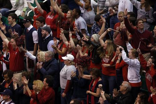 Trent Nelson  |  The Salt Lake Tribune

Belmont fans cheer as they face Arizona in the NCAA tournament at EnergySolutions Arena on Thursday, March 21, 2013.