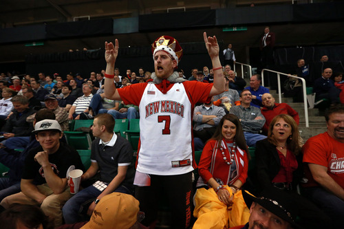 Scott Sommerdorf  |  The Salt Lake Tribune

New Mexico fan John Terrazas cheers on his team as the Lobos face the Crimson in the NCAA tournament at EnergySolutions Arena on Thursday, March 21, 2013.