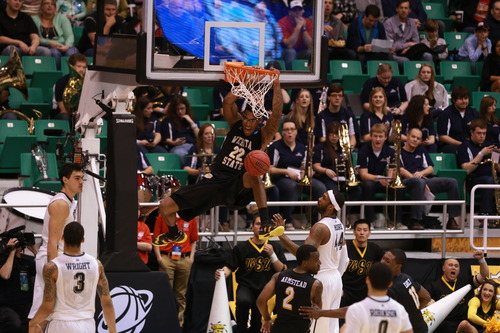 Scott Sommerdorf  |  The Salt Lake Tribune

Wichita State Shockers forward Carl Hall (22) gets a huge dunk as the Panthers face the Shockers in the NCAA tournament at EnergySolutions Arena on Thursday, March 21, 2013.