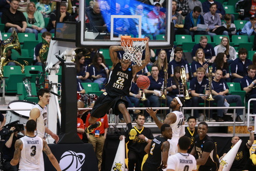 Scott Sommerdorf  |  The Salt Lake Tribune

Wichita State Shockers forward Carl Hall (22) gets a huge dunk as the Panthers face the Shockers in the NCAA tournament at EnergySolutions Arena on Thursday, March 21, 2013.