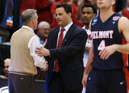 Scott Sommerdorf  |  The Salt Lake Tribune

Belmont Bruins head coach Rick Byrd, left, and Arizona Wildcats head coach Sean Miller shakes hands after Arizona beat Belmont in the NCAA tournament at EnergySolutions Arena on Thursday, March 21, 2013.