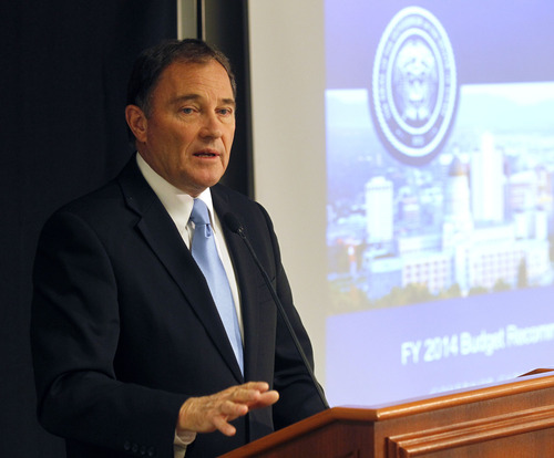Al Hartmann  |  The Salt Lake Tribune
Governor Gary Herbert on Dec. 12, 2012 as he releases his budget recommendations at Granite Technical Institute in Salt Lake City.
