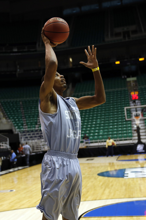 Chris Detrick  |  The Salt Lake Tribune
Southern University Jaguars guard Malcolm Miller (33) shoots the ball during a practice at EnergySolutions Arena Wednesday March 20, 2013.
