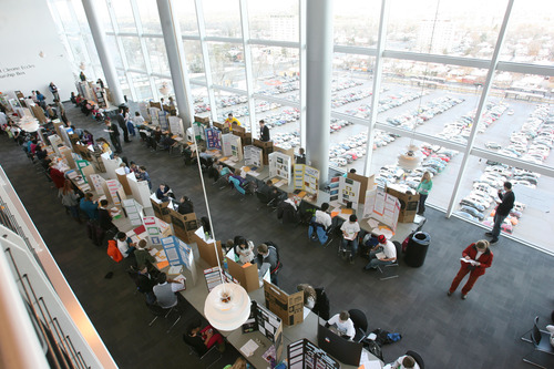 Steve Griffin  |  The Salt Lake Tribune
Elementary school students in the Salt Lake Valley Science and Engineering Fair get a view of the city during Thursday's judging at University of Utah's Rice-Eccles Stadium.