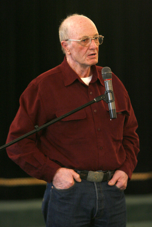 Rick Egan  | The Salt Lake Tribune 

Dean Baker speaks during the meeting in Eskdale, Wednesday, March 20, 2013.  The governor held a meeting at Eskdale High school, to hear locals concerns about a proposed agreement between Nevada and Utah concerning the groundwater under the Snake Valley.