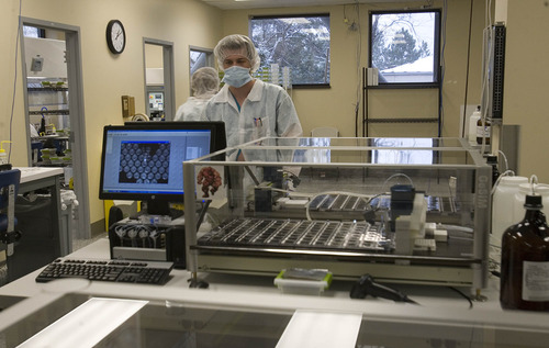 Paul Fraughton  |  The Salt Lake Tribune
Technicians at Biofire monitor a robotic process used in the manufacturing of the company's FilmArray Panels. The company has developed technology for testing for 17 viruses and 3 bacteria causing upper respiratory infections.
 Friday, March 22, 2013