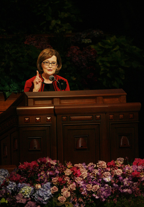 Kim Raff | The Salt Lake Tribune
Relief Society President Linda K. Burton speaks during the 182nd Semiannual General Conference of the LDS Church in Salt Lake City on Sunday, Oct. 7, 2012. Mormon women routinely speak at these conferences. In April, LDS women are scheduled to offer prayers as well, an apparent first in the faith's history.