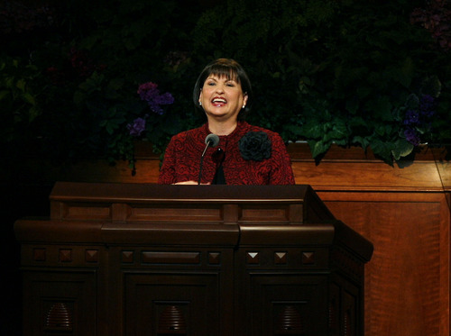Scott Sommerdorf  |  The Salt Lake Tribune             
Ann M. Dibb, second counselor in the Young Women general presidency, speaks at the 182nd General Conference, Saturday, Oct. 6, 2012. Dibb is LDS Church President Thomas S. Monson's daughter.  Mormon women routinely speak at these conferences. In April, LDS women are scheduled to offer prayers as well, an apparent first in the faith's history.