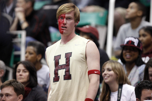 Trent Nelson  |  The Salt Lake Tribune

A Harvard fan watches as the Crimson continue to trail the Arizona Wildcats in the NCAA tournament at EnergySolutions Arena on Saturday, March 23, 2013.