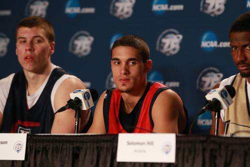 Scott Sommerdorf   |  The Salt Lake Tribune
Arizona players, left to right; Kaleb Tarczewski, Nick Johnson, and Solomon Hill at a press conference after their practice session, Friday, March 22, 2013.
