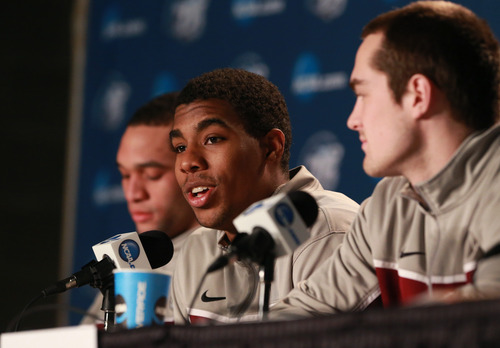 Scott Sommerdorf   |  The Salt Lake Tribune
Harvard player Wesley Saunders at a press conference after their practice session, Friday, March 22, 2013.