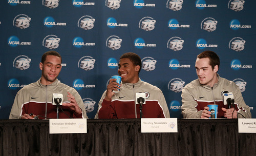 Scott Sommerdorf   |  The Salt Lake Tribune
Harvard players, left to right; Christian Webster, Wesley Saunders, and Laurent Rivard at a press conference after their practice session, Friday, March 22, 2013.