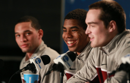 Scott Sommerdorf   |  The Salt Lake Tribune
Harvard players, left to right; Christian Webster, Wesley Saunders, and Laurent Rivard were still all smiles at a press conference after their practice session, Friday, March 22, 2013, after their upset win over New Mexico on Thursday night.
