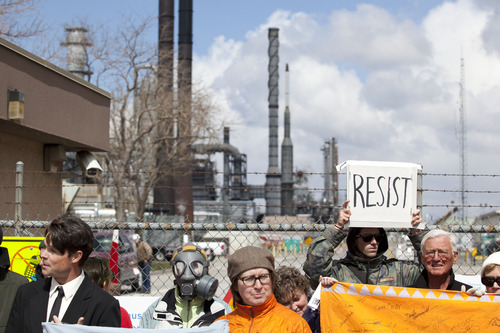 Lennie Mahler  |  The Salt Lake Tribune
Members of Utah Tar Sands Resistance and other environmental groups protest oil extraction from tar sands in front of the Chevron oil refinery north of downtown Salt Lake City, voicing concerns about damage to the environment, wildlife, and public health. Saturday, March 23, 2013.