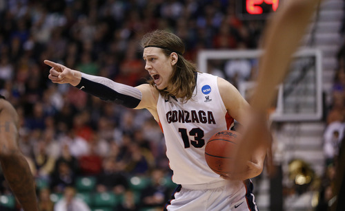 Trent Nelson  |  The Salt Lake Tribune

Gonzaga Bulldogs forward Kelly Olynyk (13) yells to his team as the Bulldogs face the Shockers in the NCAA tournament at EnergySolutions Arena on Saturday, March 23, 2013.