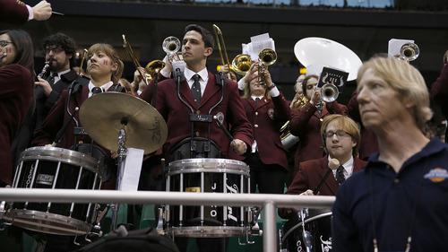 Trent Nelson  |  The Salt Lake Tribune

The Harvard pep band looks on as the team falls far behind in the first half as the Wildcats face the Crimson in the NCAA tournament at EnergySolutions Arena on Saturday, March 23, 2013.