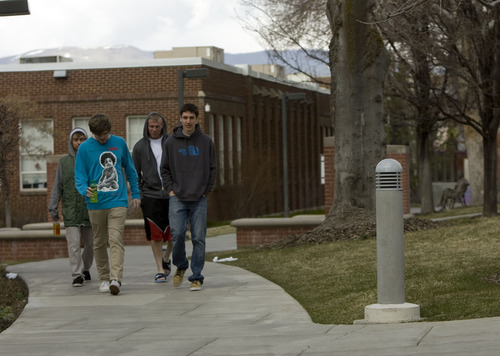 Kim Raff  |  The Salt Lake Tribune
(from left) Justin Abbott, Schafer Milligan, Andrew Fast and Jordan Turner walk on the campus of Westminster College in Salt Lake City on March 24, 2013. Westminster College was one of several universities and colleges that recently raised funds for improvements.