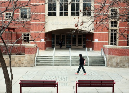 Kim Raff  |  The Salt Lake Tribune
A student walks past the Giovale Library on the campus of Westminster College in Salt Lake City on March 24, 2013. Westminster College was one of several universities and colleges that recently raised funds for improvements.