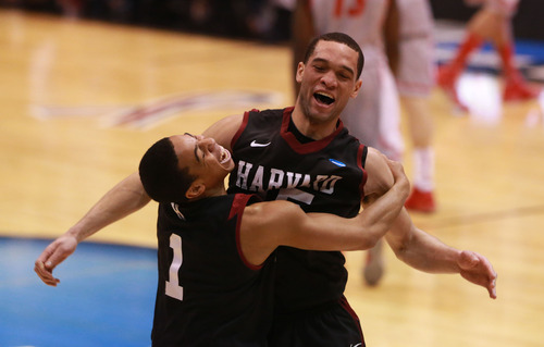Scott Sommerdorf  |  The Salt Lake Tribune

Harvard Crimson guard Siyani Chambers (1) and guard Christian Webster (15) celebrate after the Crimson beat New Mexico in the NCAA tournament at EnergySolutions Arena on Thursday, March 21, 2013.