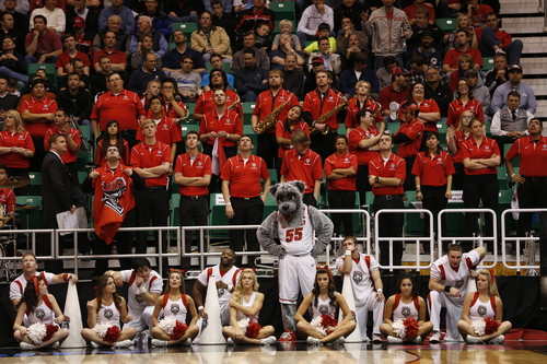 Trent Nelson  |  The Salt Lake Tribune

The Lobos cheerleaders, pep band and mascot look on as New Mexico trails Harvard at the end of their game in the NCAA tournament at EnergySolutions Arena on Thursday, March 21, 2013.