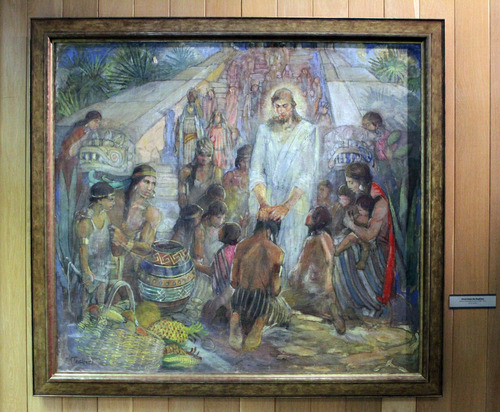 Francisco Kjolseth  |  The Salt Lake Tribune
"Christ Visits the Nephites," Minerva Kohlhepp Teichert, Oil on Canvas, is one of the featured pieces for an Easter Exhibit at the LDS Church History Museum. The exhibit, which includes contemporary and historical works of art depicting the final week of the Savior's mortal ministry. runs through June 17, 2013.