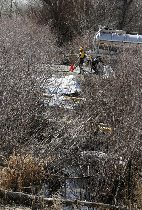 Rick Egan  | The Salt Lake Tribune 

Crews work on the oil spill near Willard Bay, Monday, March 25, 2013.