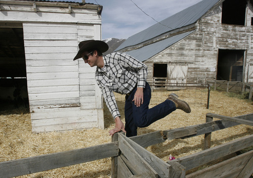 Scott Sommerdorf   |  The Salt Lake Tribune
Wes Crandall, the new owner of Morgan Valley Lamb, hops over a fence at Chad Warren's ranch in Mapleton, Friday, March 15, 2013.