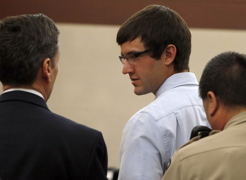 Rick Egan  | The Salt Lake Tribune 

Attorney Greg Skordas (left) talks to Colton Raines during the sentencing for his involvement in the boating accident on Pineview Reservoir that killed Esther Fujimoto, in Judge Ernie W. Jones courtroom, in Second District Court in Ogden, Wednesday, March 27, 2013. Raines was given 2 1/2 years, the maximum jail time.