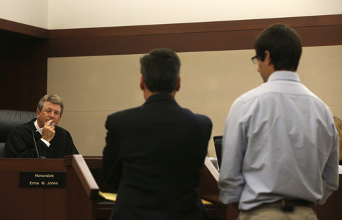 Rick Egan  | The Salt Lake Tribune 

Judge Ernie W. Jones (left) listens to attorneyGreg Skordas as he stands with , Colton Raines (right) during Raines sentencing for his involvement in the boating accident on Pineview Reservoir that killed Esther Fujimoto, in Judge Ernie W. Jones courtroom, in Second District Court in Ogden, Wednesday, March 27, 2013. Raines was given 2 1/2 years, the maximum jail time.