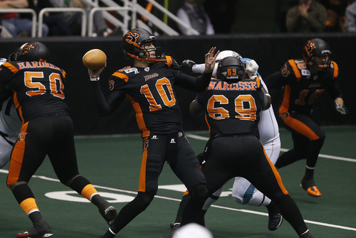 Scott Sommerdorf   |  The Salt Lake Tribune
The Blaze were down 33-28 at the half in their Arena League home opener against the Arizona Rattlers, Friday, March 29, 2013.