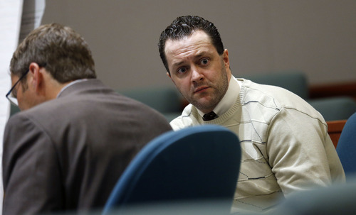 Al Hartmann  |  The Salt Lake Tribune
Nathan Sloop, charged with the May 2010 death of his stepson, 4-year-old Ethan Stacy sits with defense lawyer Scott Williams in 2nd District Court in Farmington for preliminary trial Friday March 29.