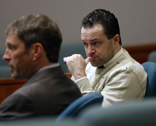 Al Hartmann  |  The Salt Lake Tribune
Nathan Sloop, charged with the May 2010 death of his stepson, 4-year-old Ethan Stacy sits with defense lawyer Scott Williams in 2nd District Court in Farmington for preliminary trial Friday March 29.