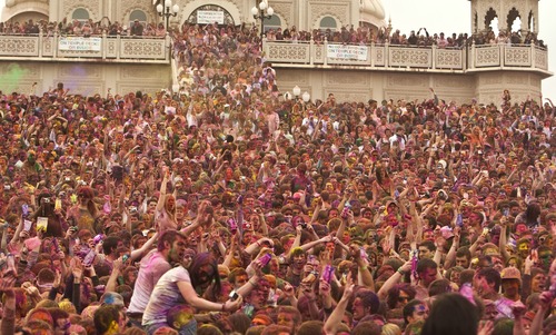 Photo by Chris Detrick | The Salt Lake Tribune 
Revelers throw colored Indian scented powders during the Holi Festival of Colors at the Sri Sri Radha Krishna Temple in Spanish Fork on March 26, 2011.  The festival returns Saturday, March 30, 2013.