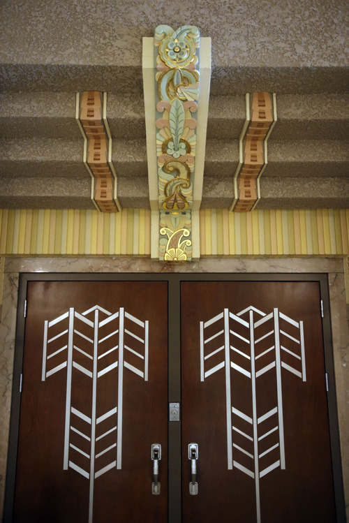 Francisco Kjolseth  |  The Salt Lake Tribune
Ogden High School, built in the 1930s, has undergone a renovation but kept its Art Deco style. Here a pair of doors leads to the auditorium, where a palette of 68 colors was painstakingly maintained and also updated to include gold leafing.
