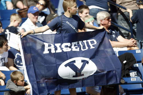 Chris Detrick  |  The Salt Lake Tribune
A cougar fan watches during the spring scrimmage at LaVell Edwards Stadium Saturday March 30, 2013.