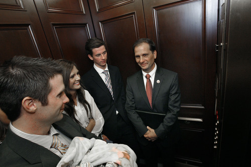 Scott Sommerdorf  |  The Salt Lake Tribune
Congressman-elect Chris Stewart, R-Utah, and his family crowd into the senators-only elevator in the Capitol building on their way to Stewart's swearing-in, Thursday, Jan. 3, 2013.