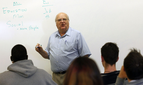 Al Hartmann  |  The Salt Lake Tribune
John Van Orman, teaches a College Studies Class at Snow College in Ephraim.  The class size at Snow are typically no more than 20 students.    The predominantly Mormon school will be particularly hard-hit by the lowered missionary age which will affect enrollment.