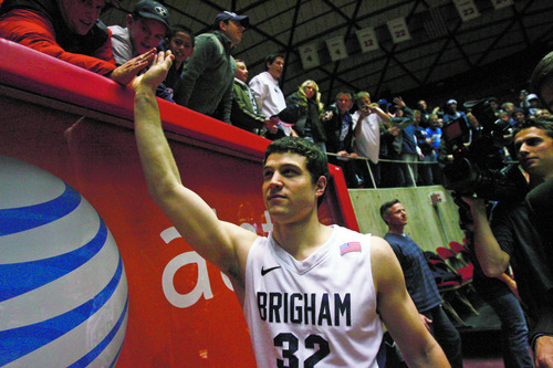 Chris Detrick  |  The Salt Lake Tribune 
Brigham Young Cougars guard Jimmer Fredette #32 after the game at the Huntsman Center Tuesday January 11, 2011.   BYU won the game 104-79.