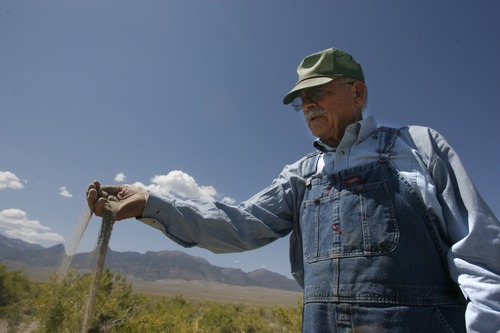 Cecil Garland sifts the sand that has built up on portions of his ranch in Callao, Friday, August 21,  2009.  Rick Egan/The Salt Lake Tribune