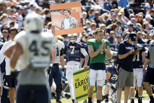Chris Detrick  |  The Salt Lake Tribune
BYU quarterback Christian Stewart (7) holds up a sign during the spring scrimmage at LaVell Edwards Stadium on Saturday, March 30, 2013.