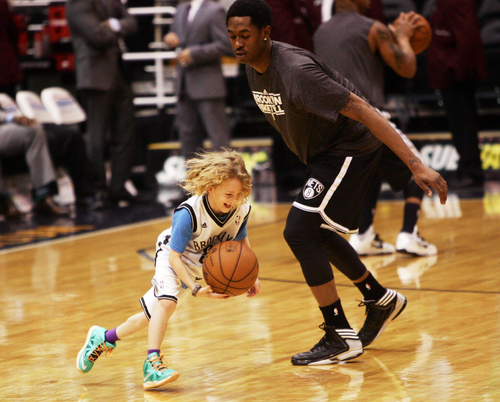 Kim Raff  |  The Salt Lake Tribune
(right) Brooklyn Nets shooting guard MarShon Brooks (9) guards (left) Casey Carlesimo during pre game warm ups against the Utah Jazz at EnergySolutions Arena in Salt Lake City on March 30, 2013.