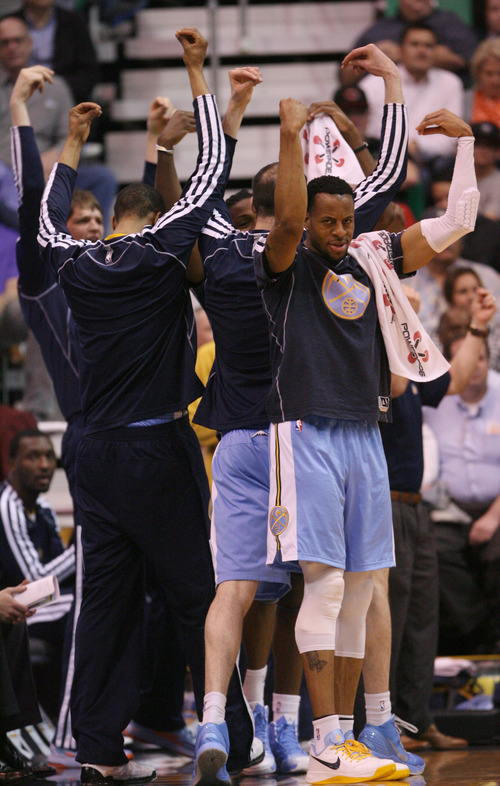 Steve Griffin | The Salt Lake Tribune


The Nuggets bench celebrate a three-pointer during second half action in the Utah Jazz versus Denver Nuggets basketball game at EnergySolutions Arena in Salt Lake City, Utah Wednesday April 3, 2013.
