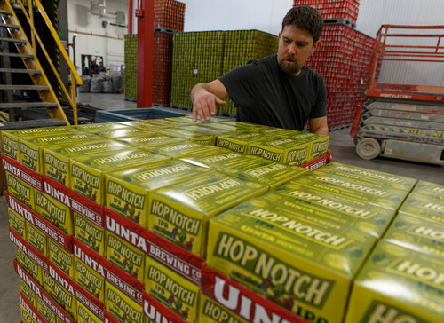 Trent Nelson  |  The Salt Lake Tribune
AJ Blatnick stacks product on the new production line for canned beer at Uinta Brewing Company, Friday March 22, 2013 in Salt Lake City.